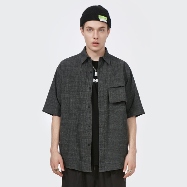 

Men Drop Shoulder Button Up Shirt, Black