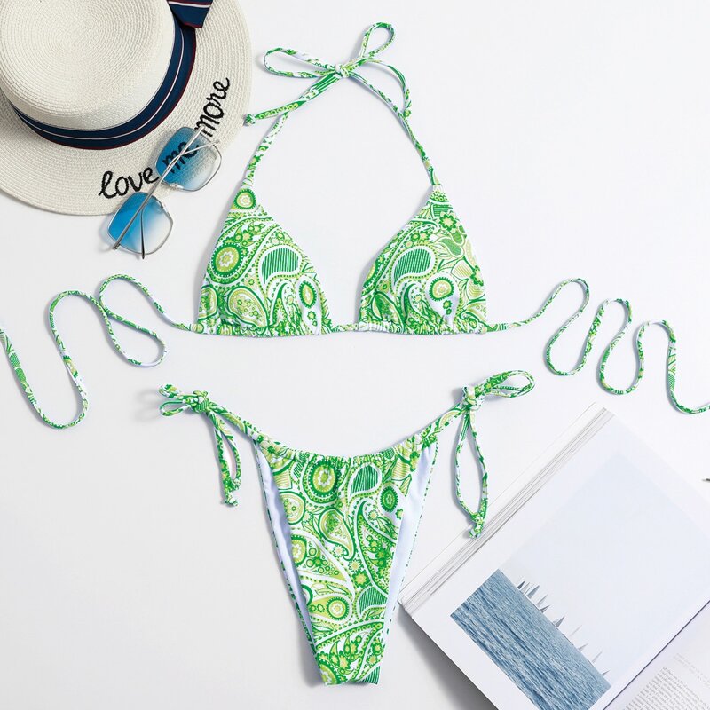

Paisley Print Triangle Thong Bikini Swimsuit, Green