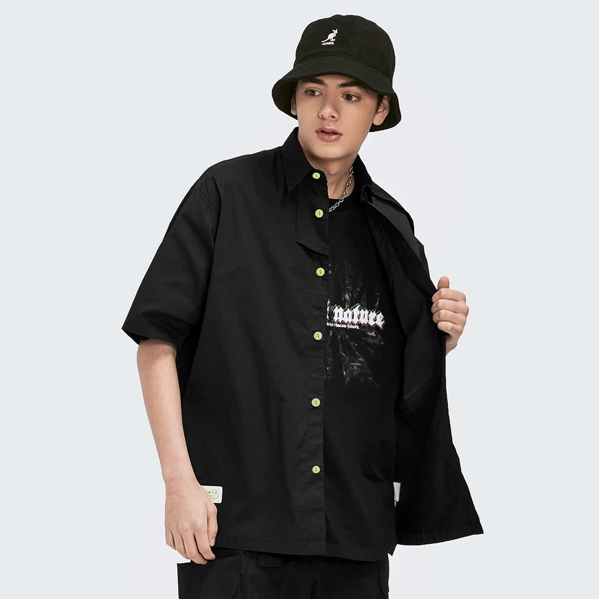 

Guys Button Up Drop Shoulder Shirt, Black