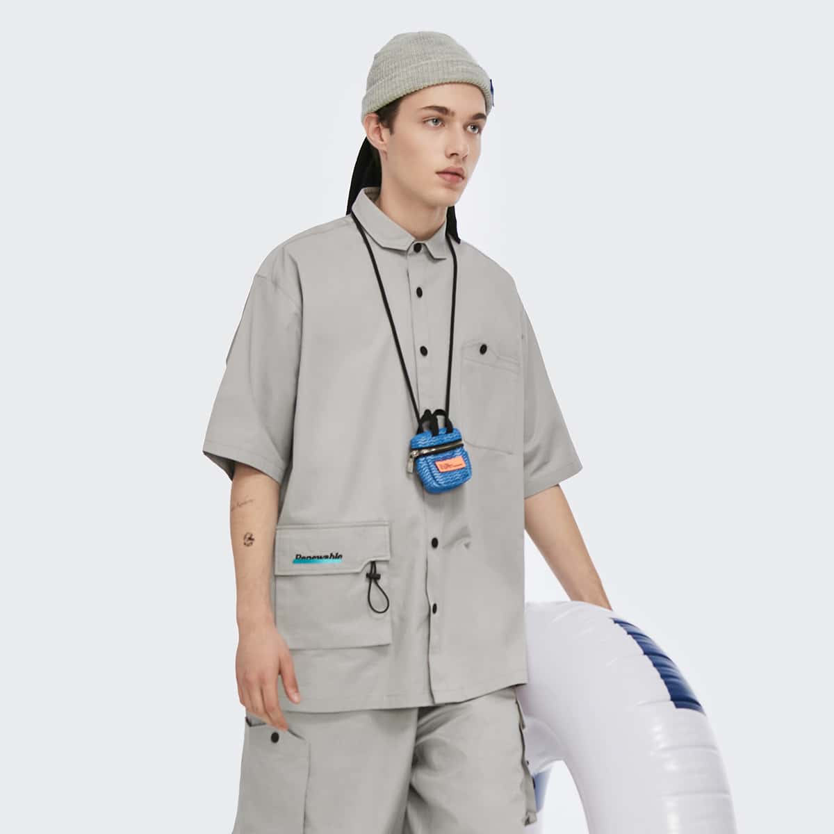

Guys Pocket Detail Button Up Shirt Without Bag, Light grey