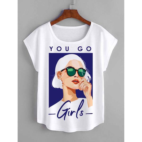 

Figure & Slogan Print Round Neck Tee, White