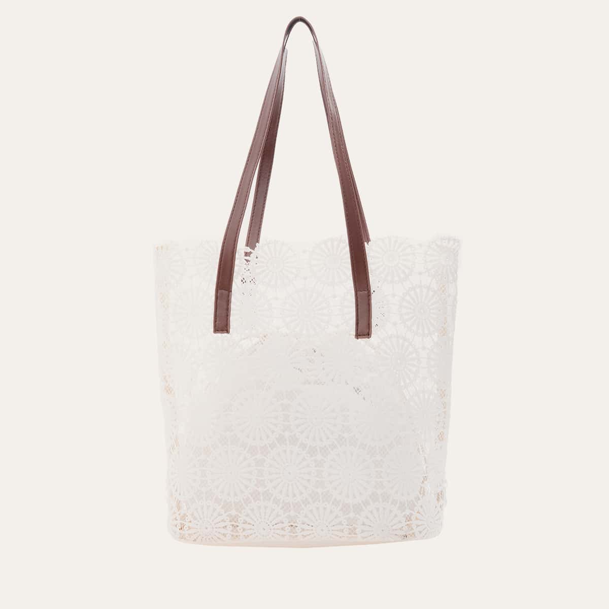 

Contrast Lace Tote Bag With Inner Pouch, White