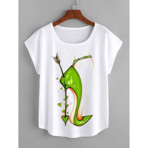 

Cartoon & Heart Print Tee, White