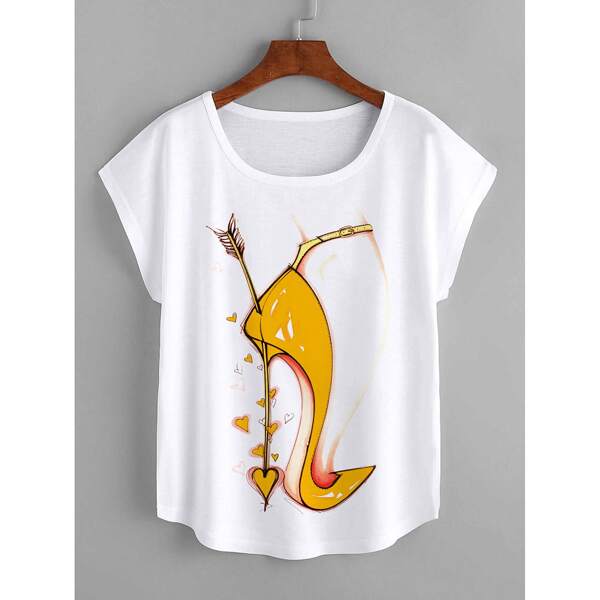 

Cartoon & Heart Print Tee, White