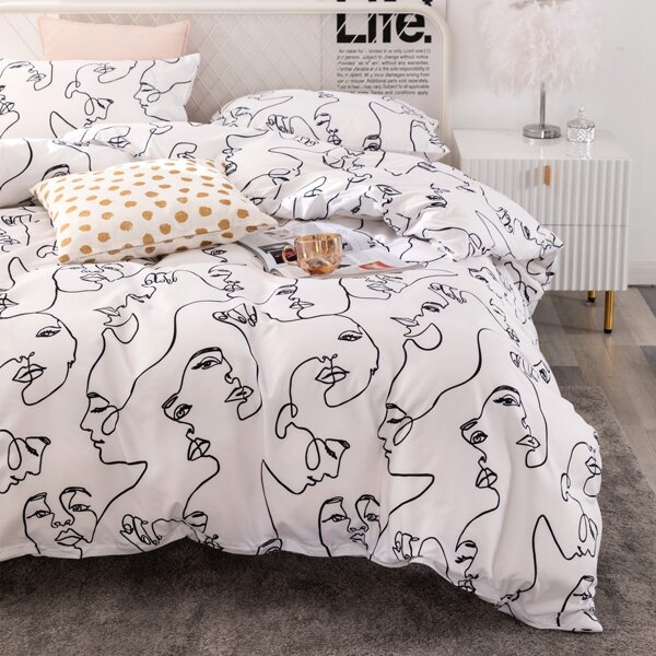 

Abstract Face Print Duvet Cover Set Without Filler, Black and white