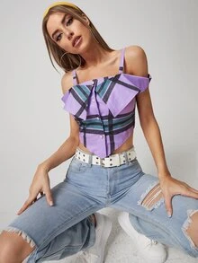 SHEIN VCAY Plaid Button Up Foldover Cold Shoulder Top - Multicolor - View 3