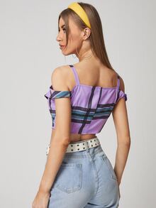 SHEIN VCAY Plaid Button Up Foldover Cold Shoulder Top - Multicolor - View 2