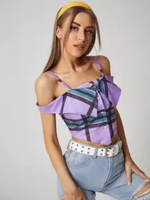 SHEIN VCAY Plaid Button Up Foldover Cold Shoulder Top - Multicolor - View 1