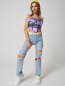 SHEIN VCAY Plaid Button Up Foldover Cold Shoulder Top - Multicolor - View 4