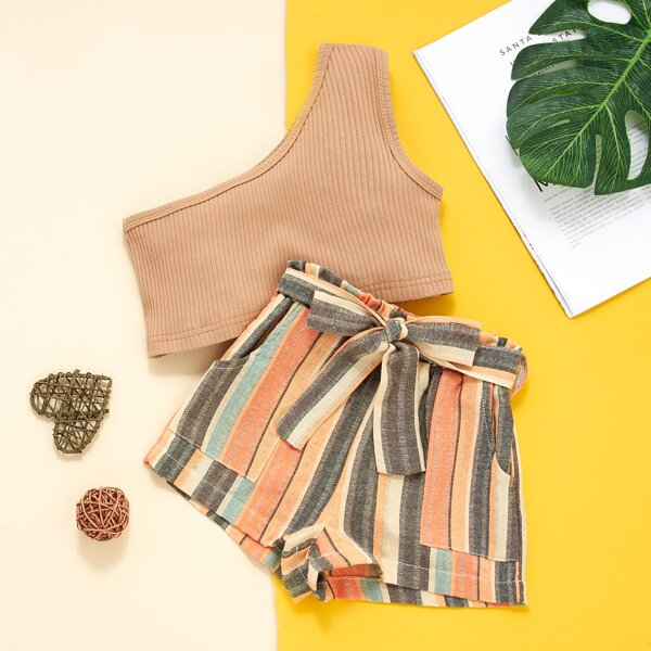 

Toddler Girls Top & Striped Belted Shorts, Multicolor