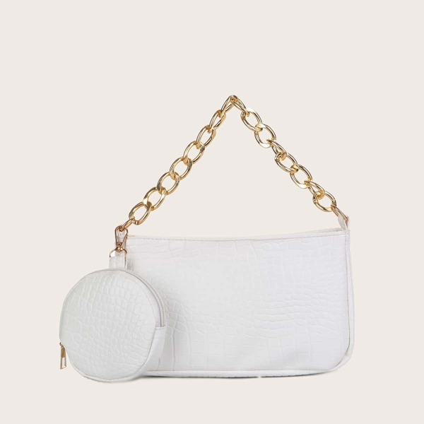 

Croc Embossed Satchel Bag With Purse, White