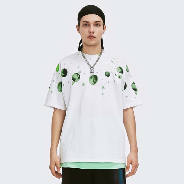 

Men Drop Shoulder Galaxy Print Tee, White