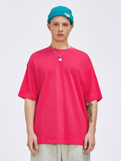 INFLATION تي شيرت بلون موحد منخفض الاكتاف للرجال