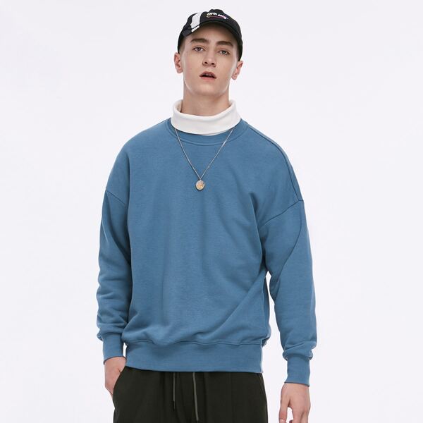 

Men Drop Shoulder Solid Pullover, Blue