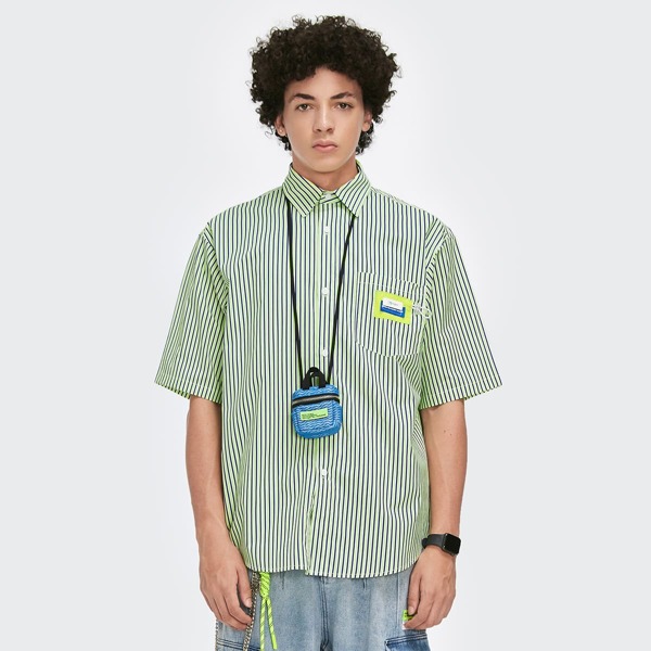 

Men Drop Shoulder Letter Patch Pocket Striped Shirt, Mint green