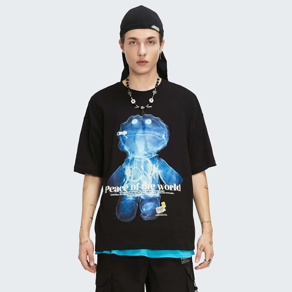 

Men Slogan & Doll Graphic Drop Shoulder Tee, Black