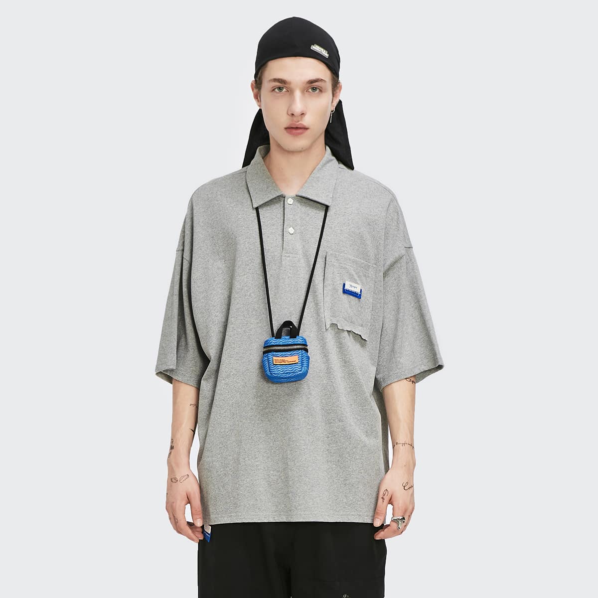 

Guys Drop Shoulder Patch Pocket Polo Shirt, Light grey