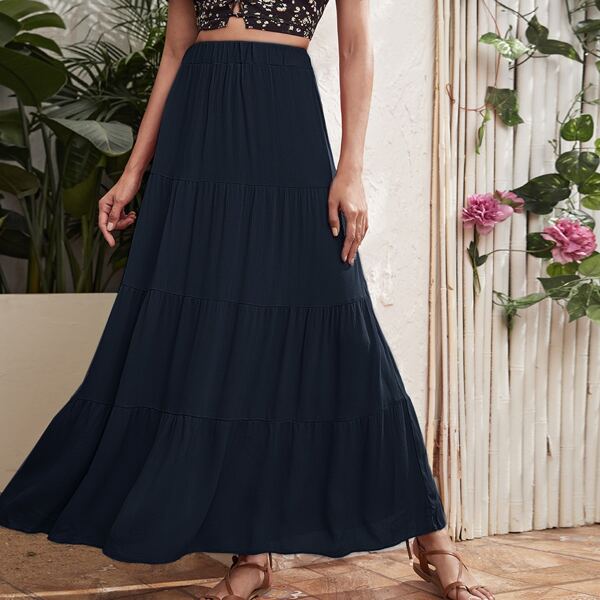 

Solid Flounce Hem Skirt, Navy blue