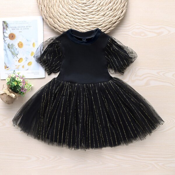 

Toddler Girls Contrast Mesh Flared Dress, Black