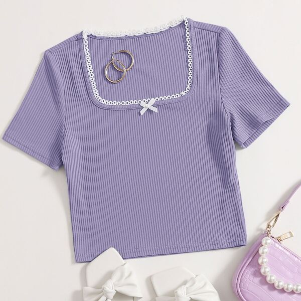 

Square Neck Bow Front Rib-knit Tee, Lilac purple