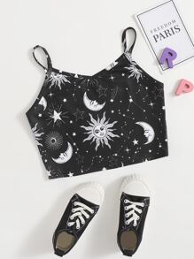 SHEIN 女孩星系圖案短版吊帶上衣 - 黑色 - 查看 1