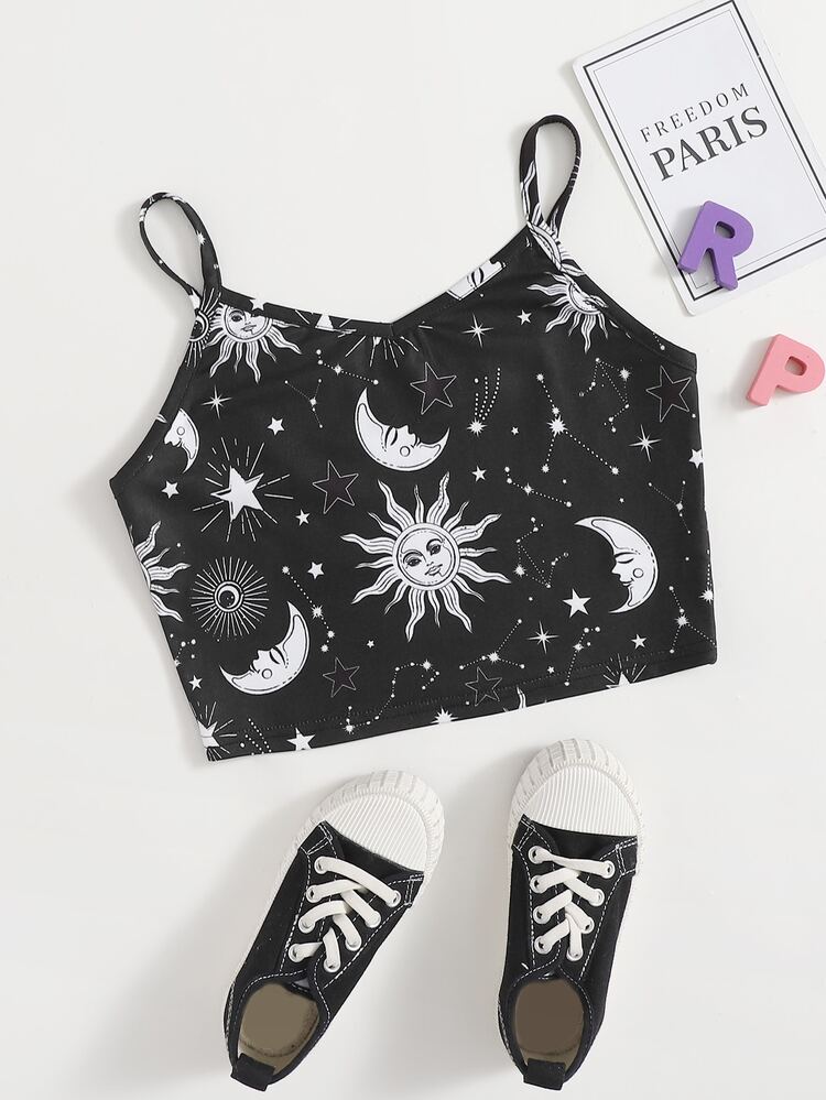SHEIN 女孩星系圖案短版吊帶上衣 - 黑色 - 查看 1