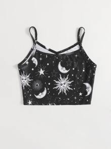 SHEIN 女孩星系圖案短版吊帶上衣 - 黑色 - 查看 2