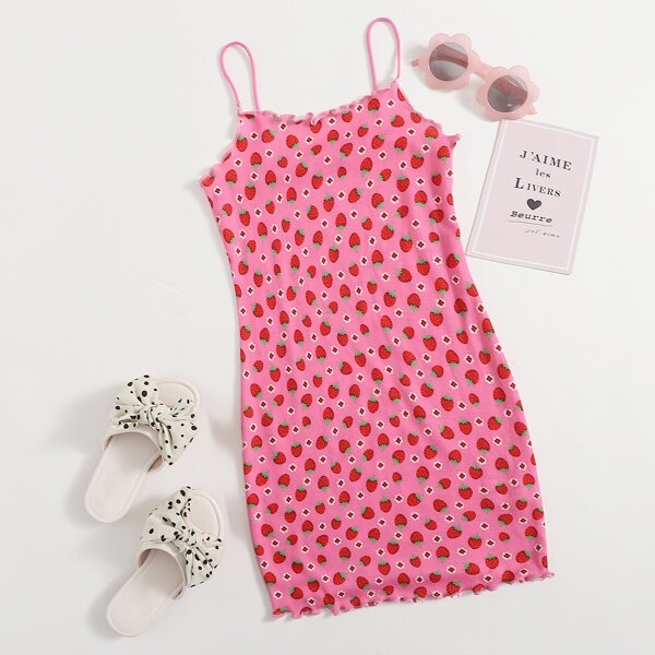 

Girls Strawberry & Floral Print Lettuce Trim Dress, Pink