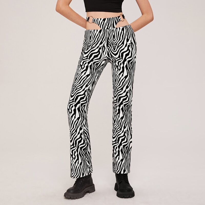 

O-ring Detail Cut Out Waist Zebra Striped Pants, Black and white