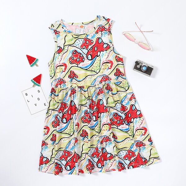 

Girls Mushroom Print Smock Dress, Multicolor