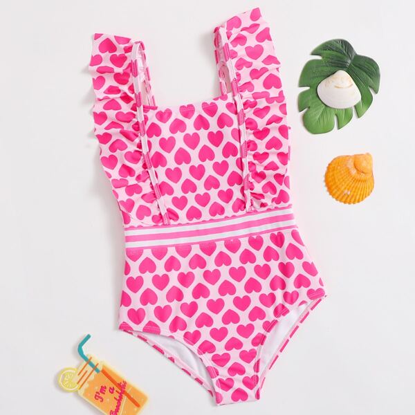 

Baby Girl Heart Print One Piece Swimsuit, Hot pink