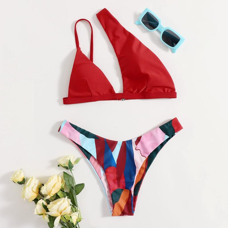 

Graphic Asymmetrical Neck Bikini Swimsuit, Multicolor