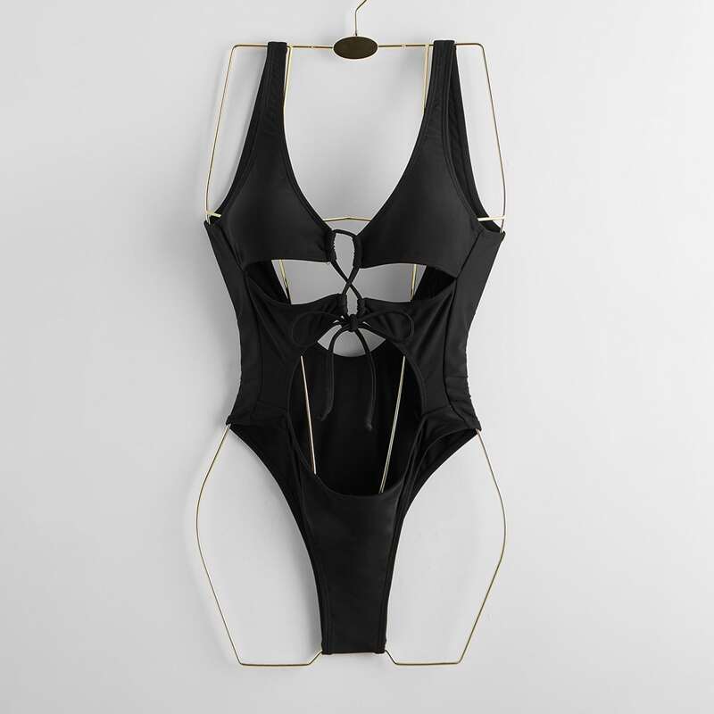 

Lace-up Front Cut-out One Piece Swimsuit, Black