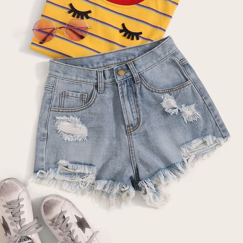 

Distressed Denim Shorts, Light wash