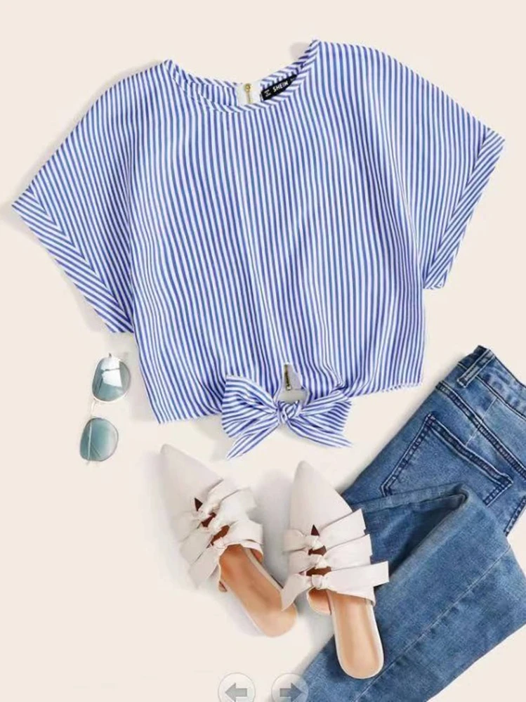 SHEIN LUNE Vertical Striped Knot Hem Zip Back Blouse,Short Sleeve Tops - Blue - View 1