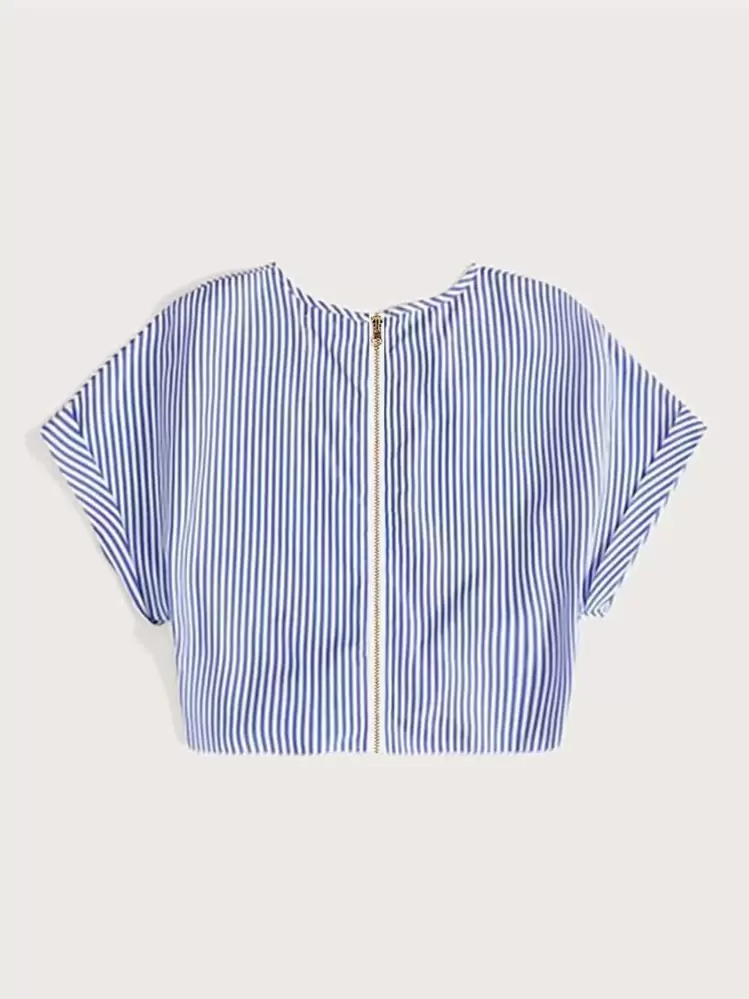 SHEIN LUNE Vertical Striped Knot Hem Zip Back Blouse,Short Sleeve Tops - Blue - View 2