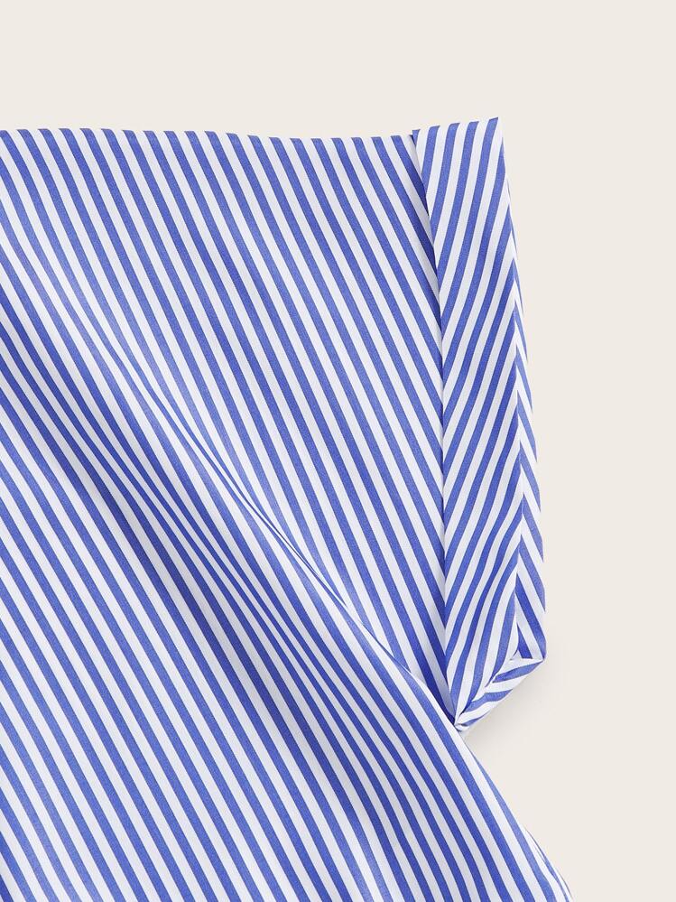 SHEIN LUNE Vertical Striped Knot Hem Zip Back Blouse,Short Sleeve Tops - Blue - View 4