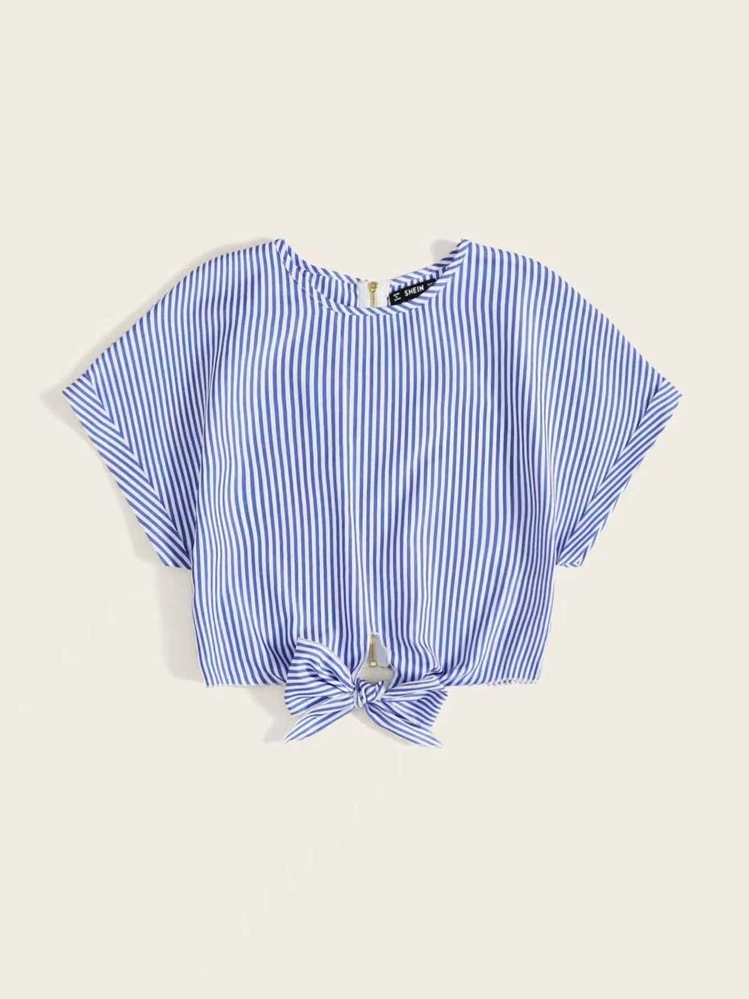 SHEIN LUNE Vertical Striped Knot Hem Zip Back Blouse,Short Sleeve Tops - Blue - View 5