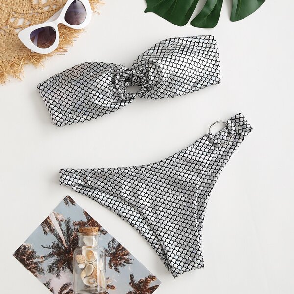 

Metallic Ring Linked Bandeau Bikini Swimsuit, Silver
