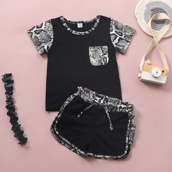

Toddler Girls Snakeskin Print Pocket Patched Tee & Shorts, Black