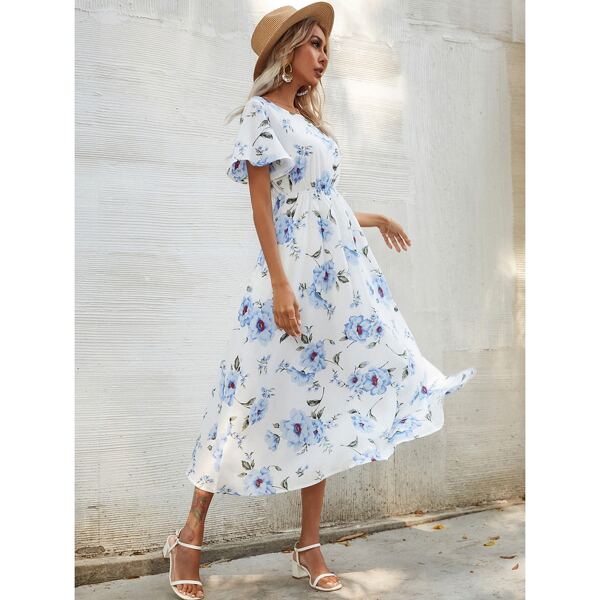 

Allover Floral Print A-line Dress Without Belted, Blue and white