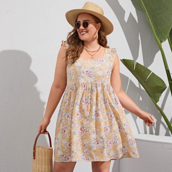 

Plus Floral Print Ruffle Trim Smock Dress, Multicolor