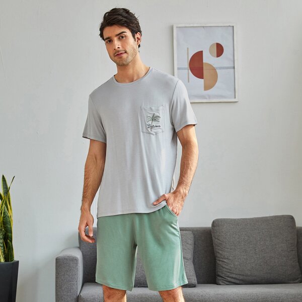 

Men Letter & Tree Embroidered PJ Set, Multicolor