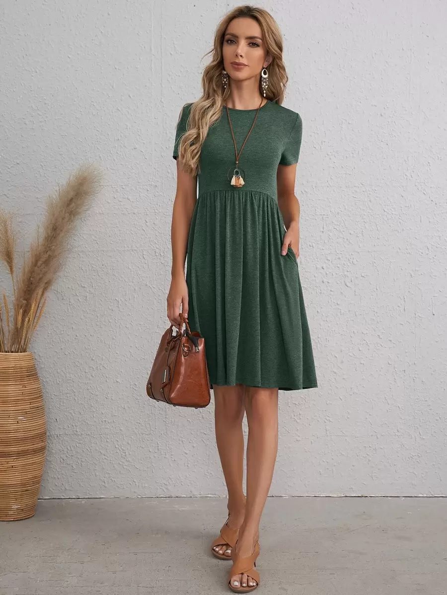 EMERY ROSE Solid A-line Dress - Army Green - View 1