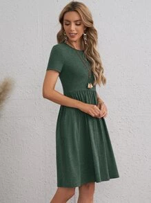 EMERY ROSE Solid A-line Dress - Army Green - View 5