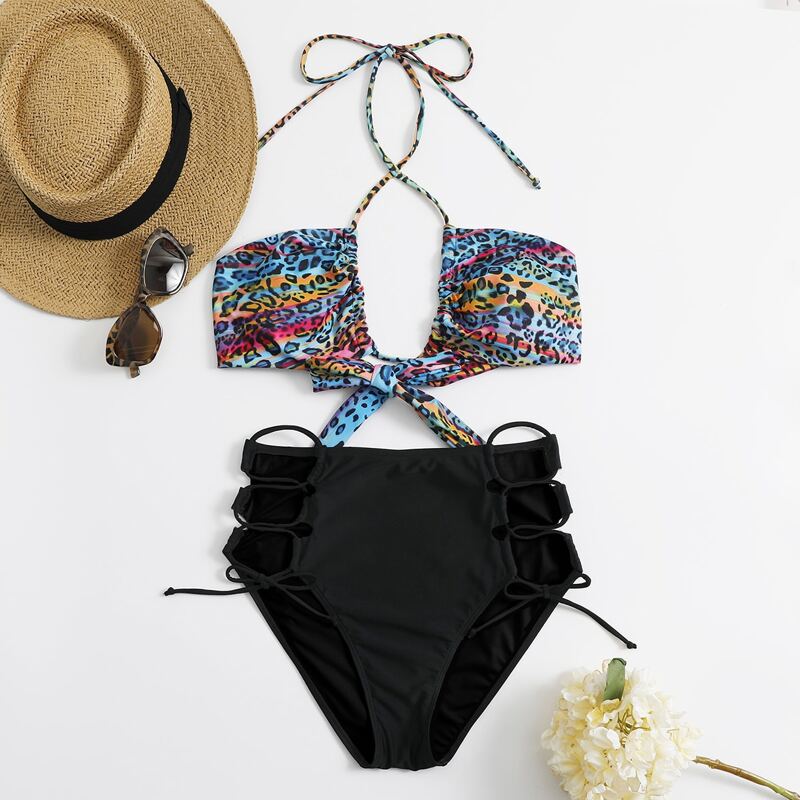 

Leopard Halter Lace Up Bikini Swimsuit, Multicolor