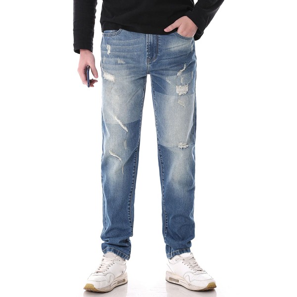 

Men Ripped Slant Pocket Straight Leg Jeans, Medium wash