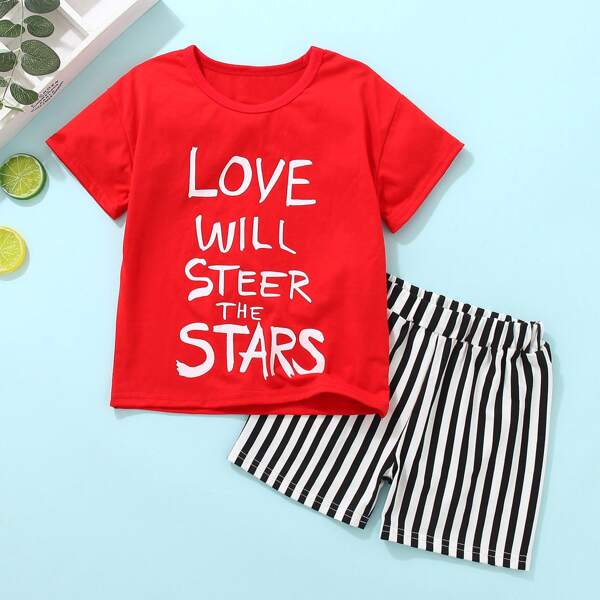 

Toddler Boys Slogan Graphic Tee With Striped Shorts, Multicolor