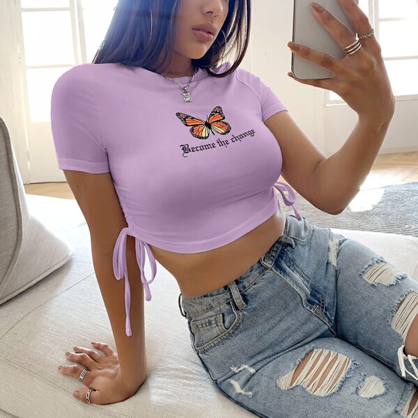 

Letter & Butterfly Graphic Ruched Knot Crop Tee, Lilac purple