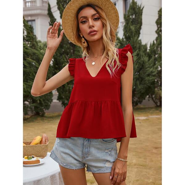 

Ruffle Hem V Neck Smock Blouse, Burgundy
